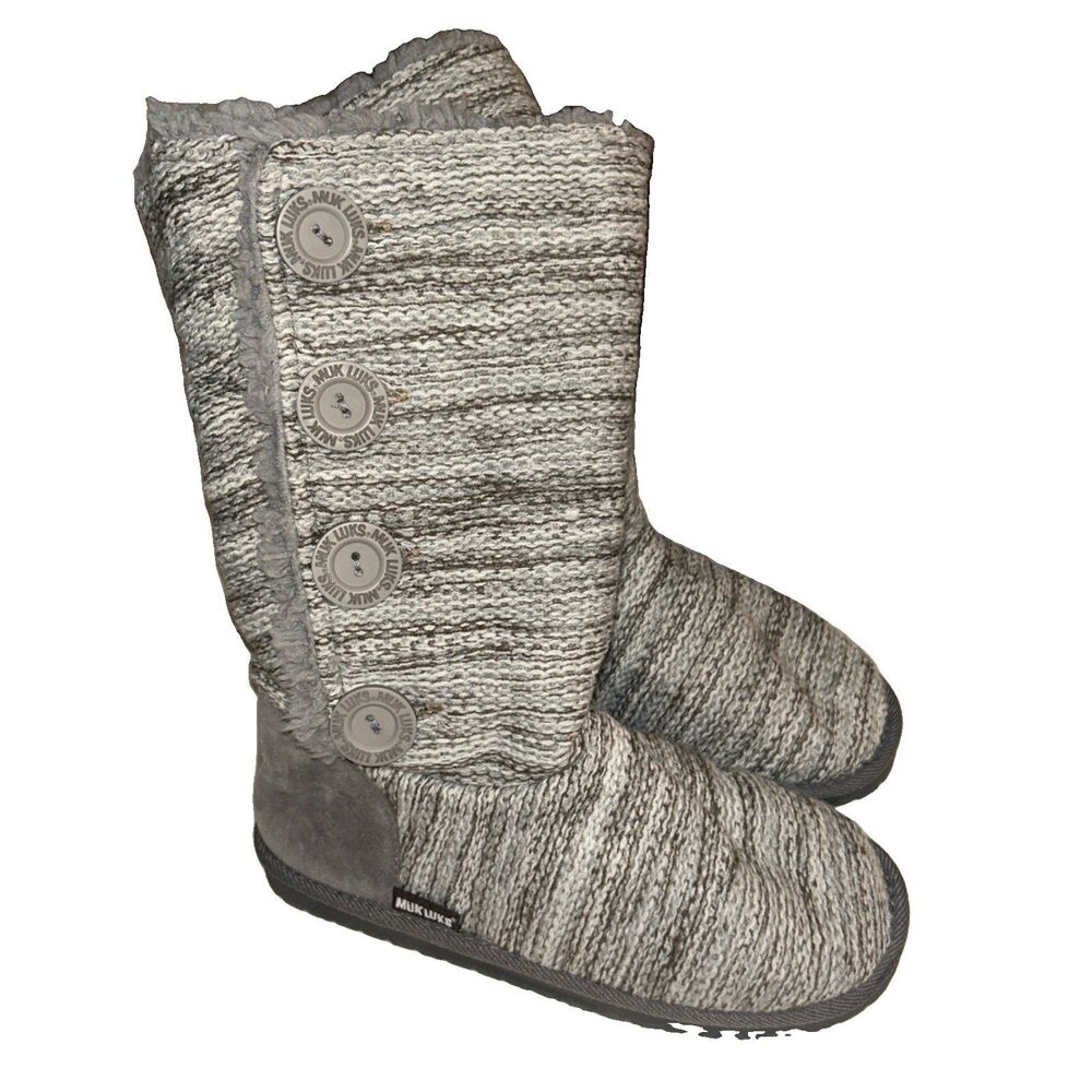 NEW! BOOTS- Womens KNIT UPPER 4-BUTTON LIGHT GREY-MUK LUKS SZ 9 Box 1